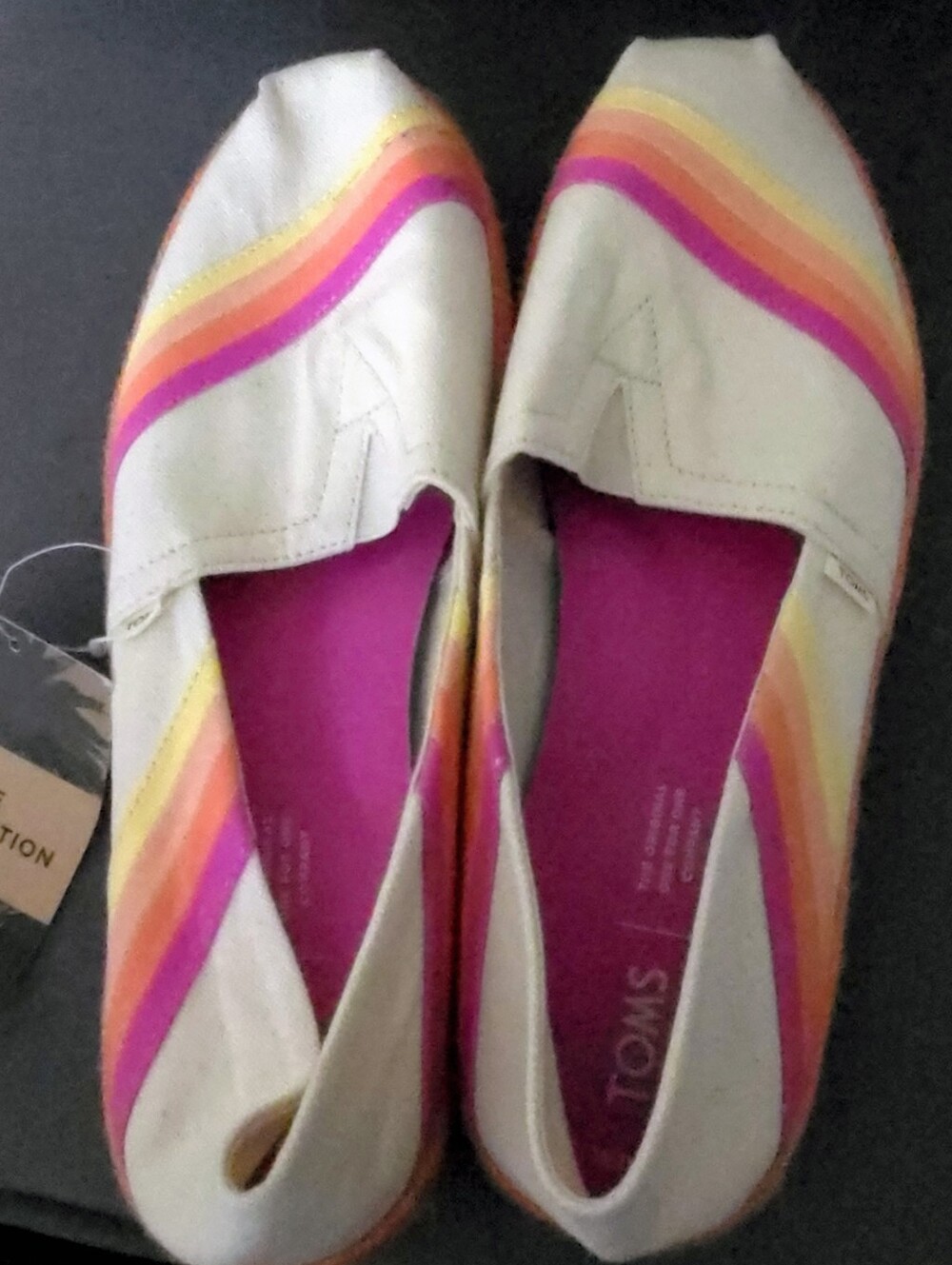 NWT Toms Women's Cream Espadrilles with Pink, Orange & Yellow Stripes